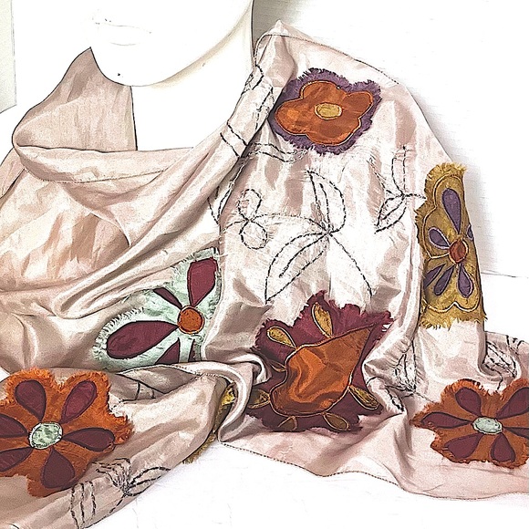 Jigsaw Silk Oblong Flower Applique Scarf - Picture 1 of 11